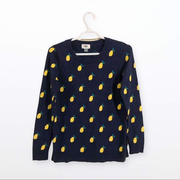 Old Navy Sweaters - Old Navy Classic Crew Lemon Print Navy Blue Yellow Lightweight Pullover Sweater